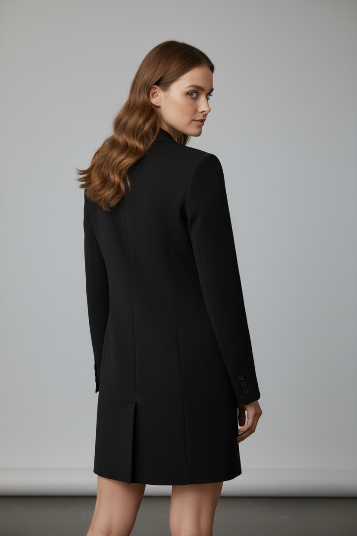 Modern women's longline blazer with notched lapel & button front. Perfect for business, office wear & professional style.