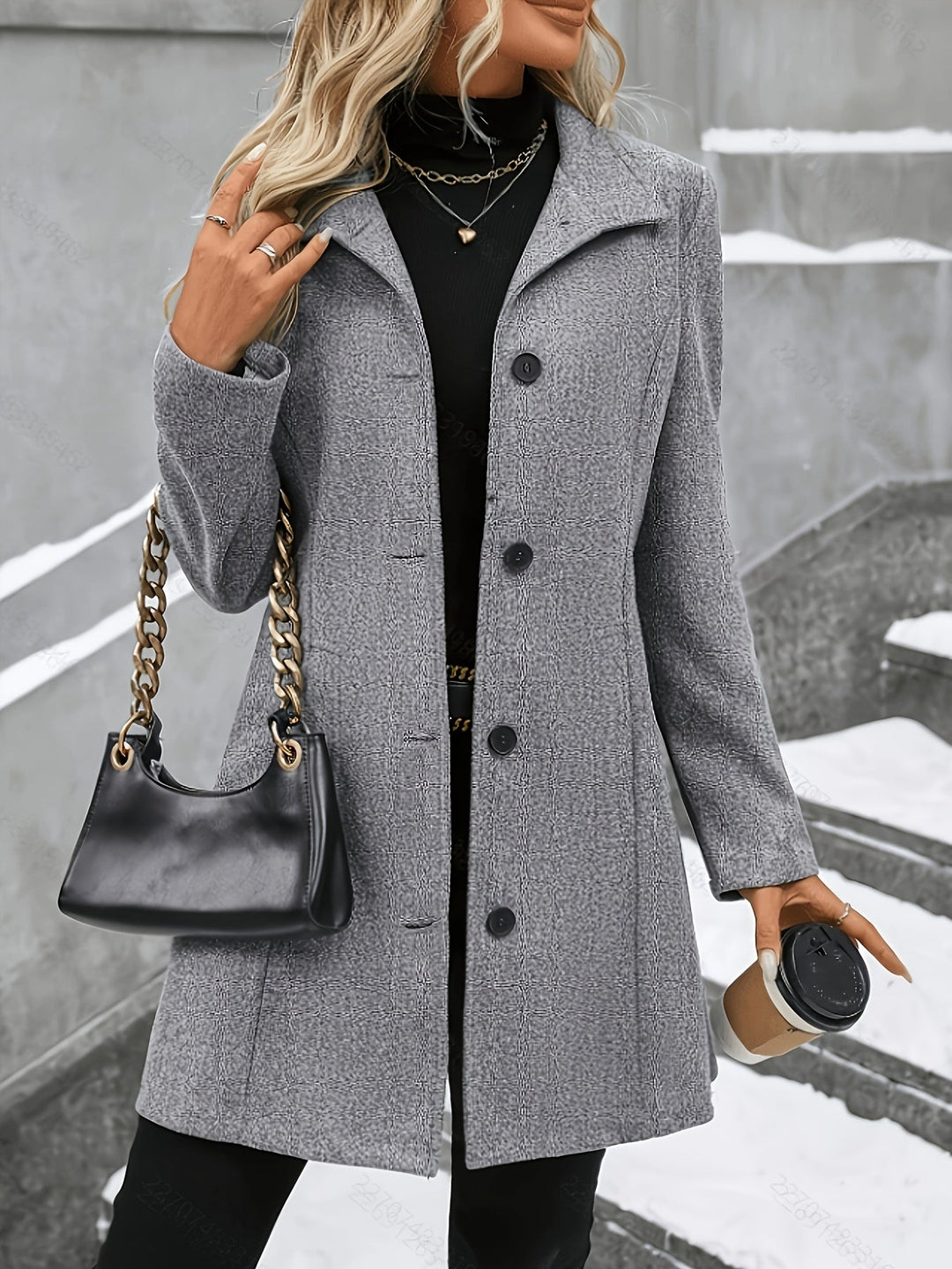 Elegant women's longline coat with notch collar, single breasted, perfect for winter and fall fashion.