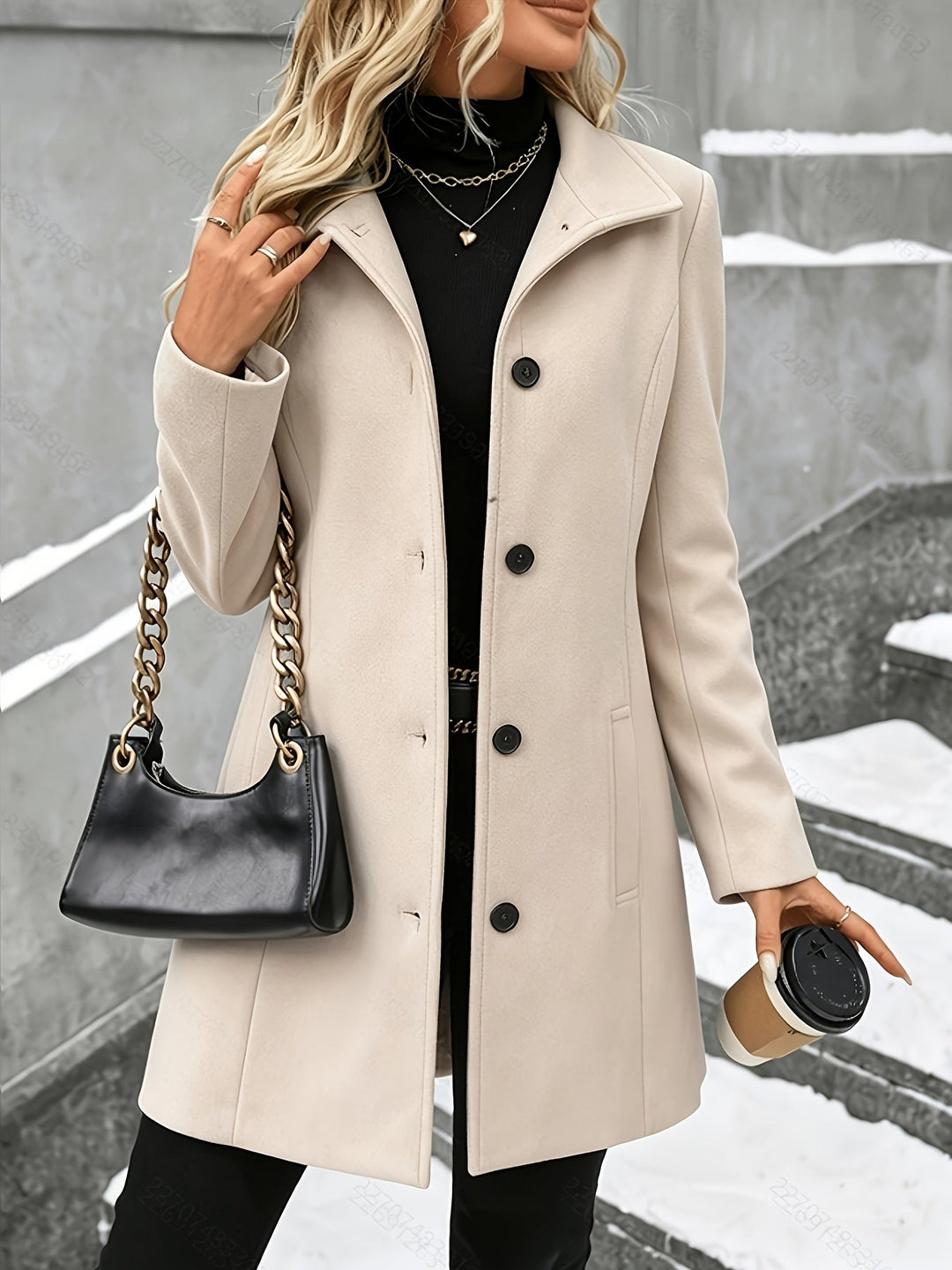 Stylish women's winter coat, single breasted and longline, with an elegant notch collar. Ideal for office.