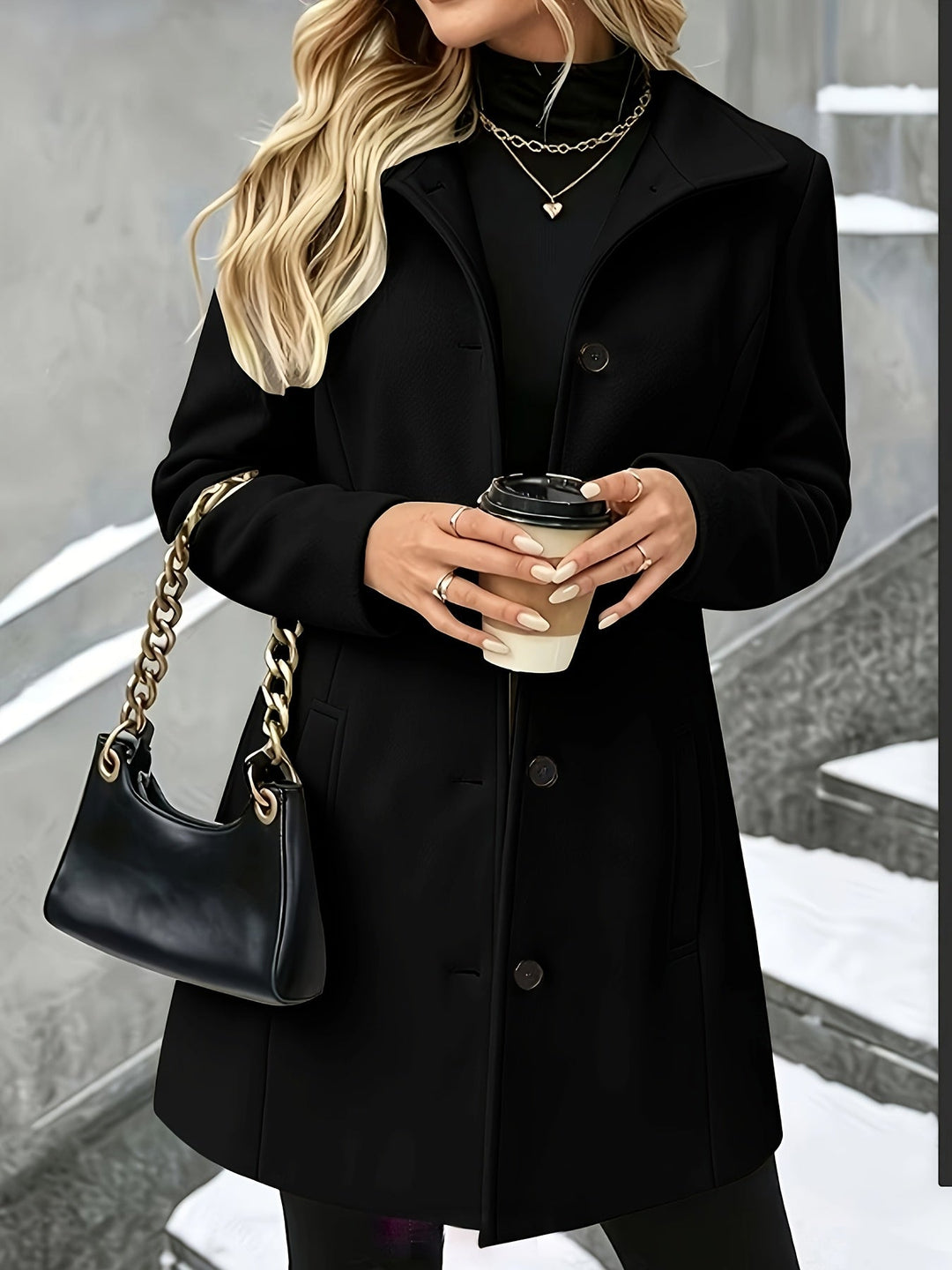 Women's elegant single breasted longline coat in camel, with a chic notch collar. Classic outerwear.