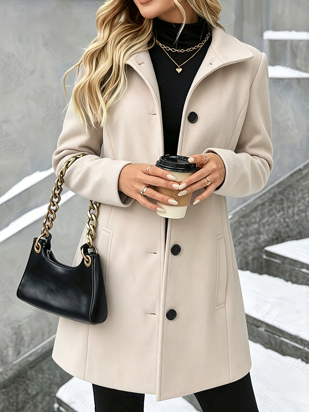 Fashionable women's longline winter coat, single breasted, notch collar, ideal for elegant style.