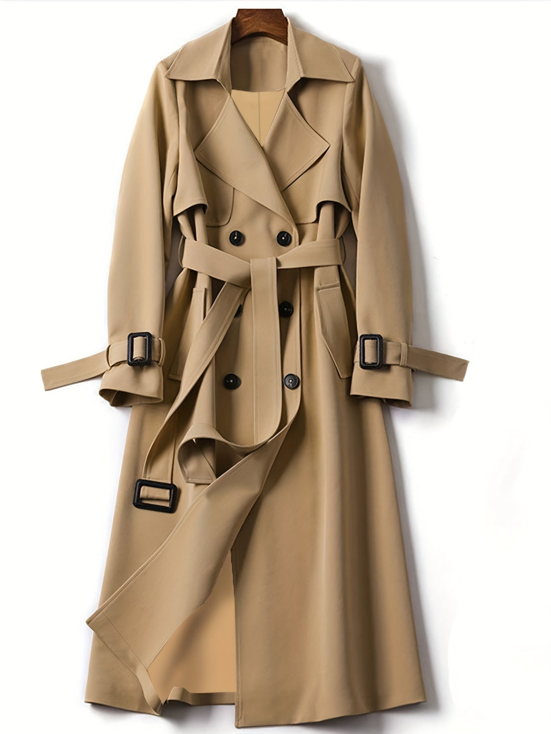 Fashionable women's longline double-breasted trench coat with wide lapels and a cinched waist.
