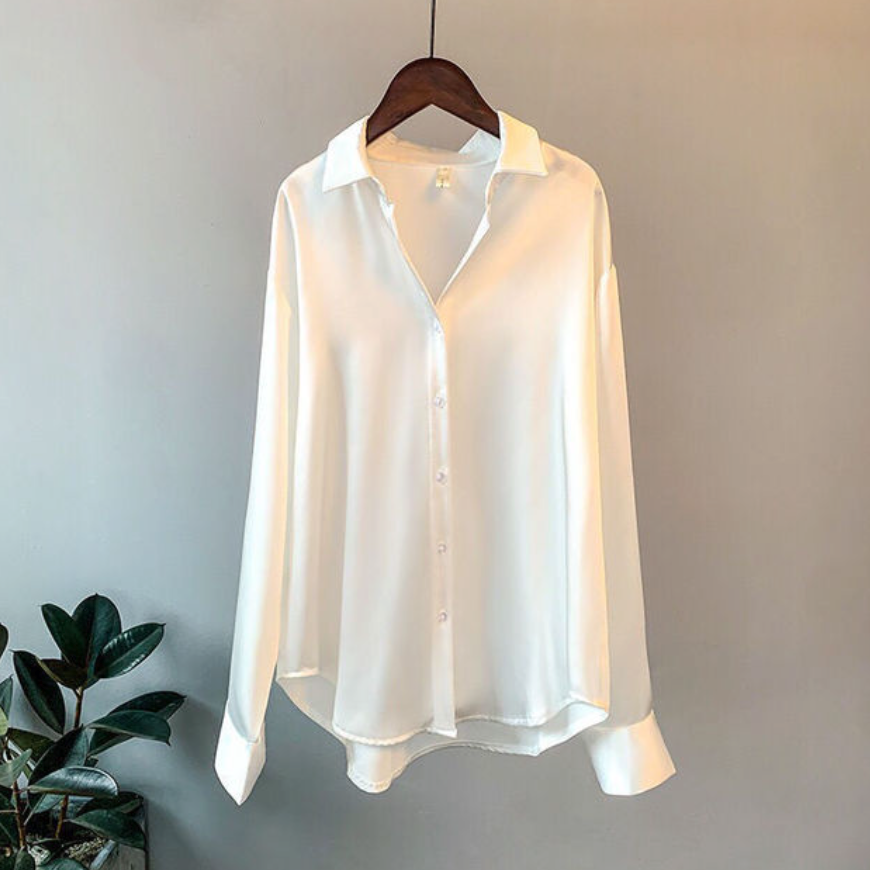 Versatile women's button down satin blouse in a relaxed fit, ideal for office fashion