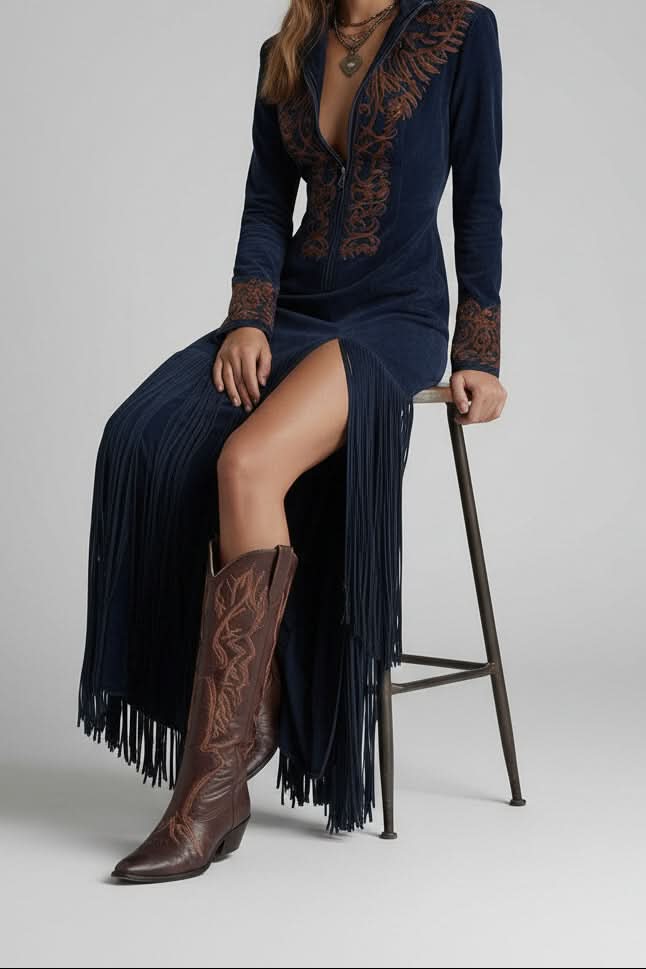 Stunning women's long sleeve fringe maxi dress, perfect for dynamic movement, elegant parties & special occasions.