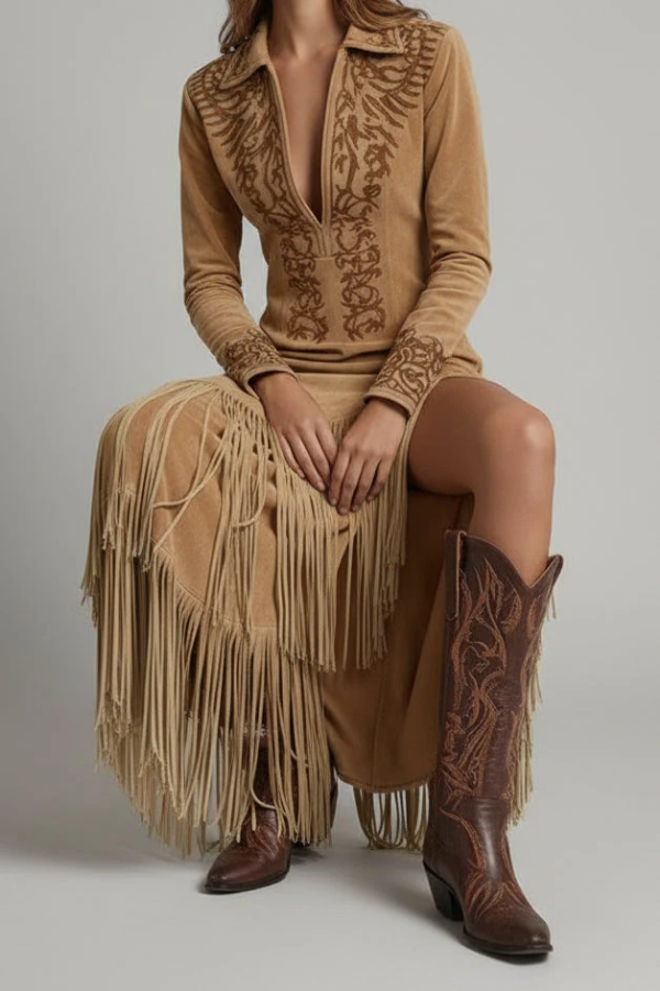 Versatile women's fringe maxi dress, perfect for elegant evening gowns, festival style, party wear, & special occasions.