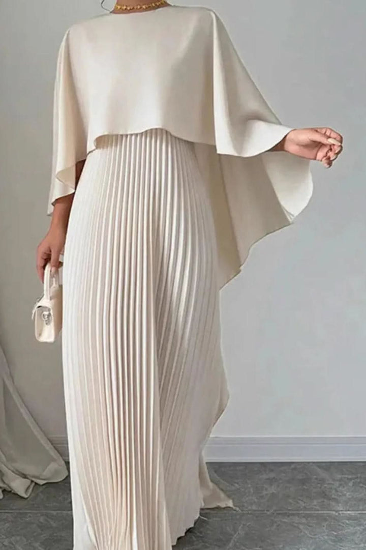 Elegant women's Luxe pleated cape maxi dress. Perfect evening gown for formal events, weddings, or a special occasion.
