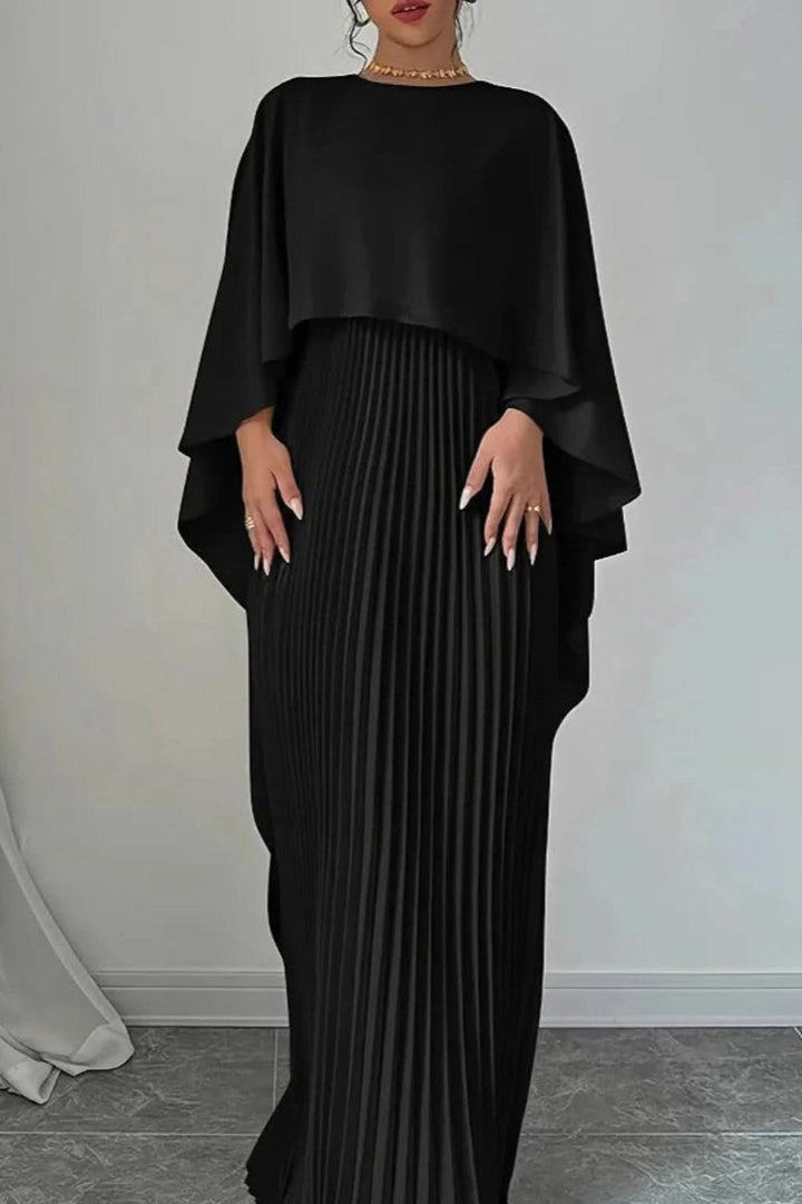 Back view of an elegant women's Luxe pleated cape maxi dress, a formal long gown perfect for evening events.