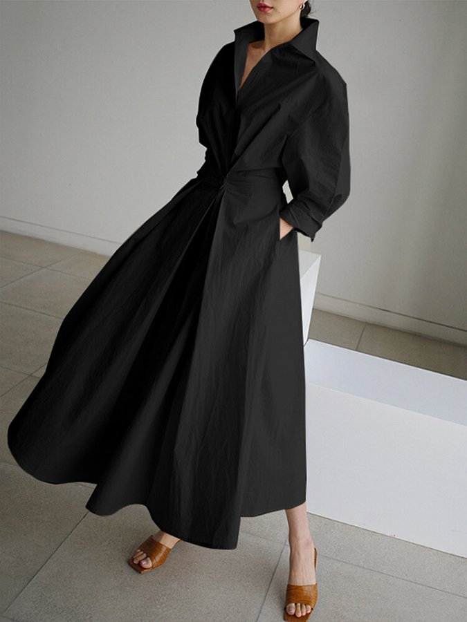 V-neck A-line elegant maxi dress for women, with stylish puff sleeves and a chic twist waist detail.