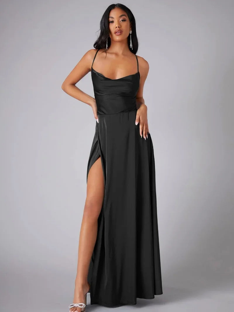 Modern women's elegant maxi dress. Comfortable floor-length design with open back & high slit for parties.
