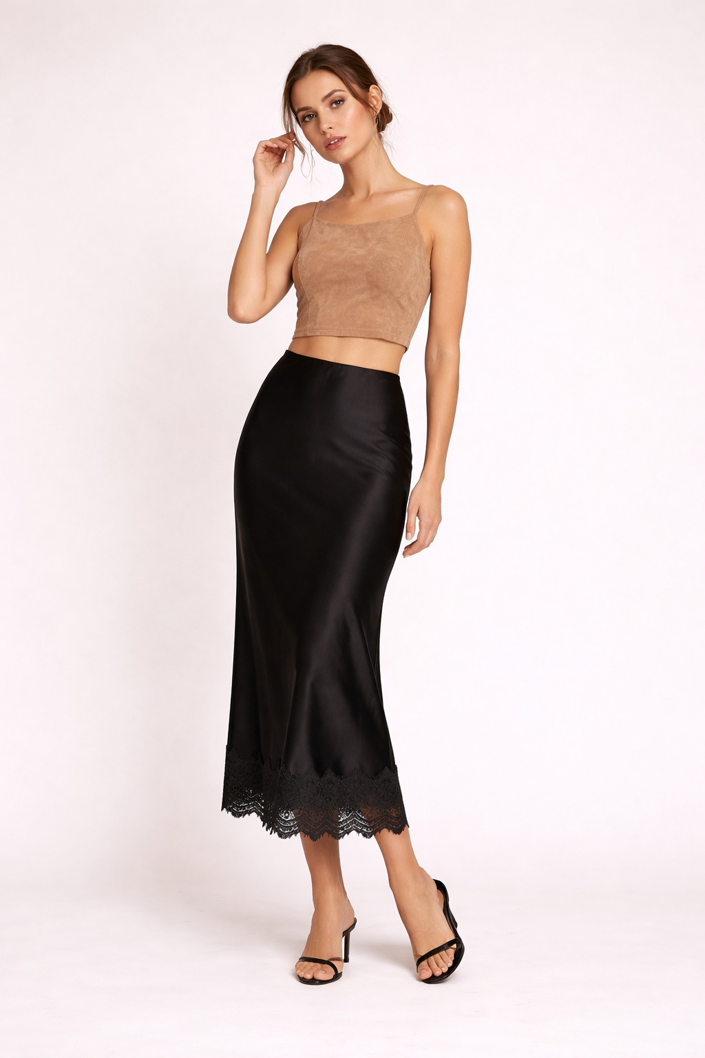 Sophisticated straight cut maxi skirt for women with elegant lace trim, great for special events.