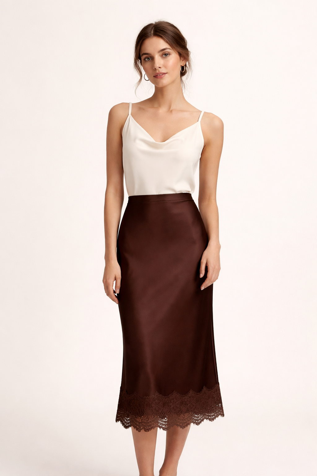 Full-length women's formal maxi skirt, straight cut with beautiful lace hem, styled elegantly.