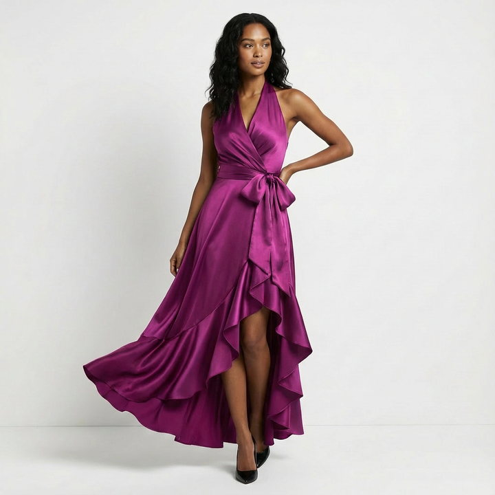Elegant women's maxi wedding guest dress with a stylish tie-waist bow. Perfect for formal events.
