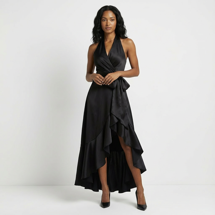 Women's formal evening gown, a beautiful maxi dress with a chic tie-waist bow, ideal for celebrations.