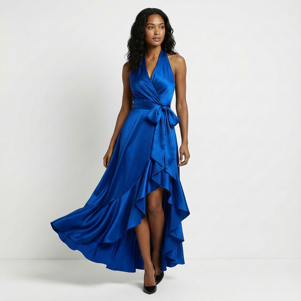 View of the elegant tie-waist bow on a women's formal maxi wedding guest dress. Special occasion fashion.