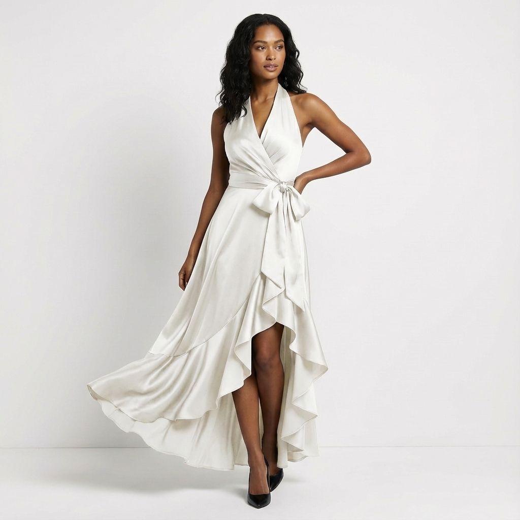 Full length elegant maxi dress for women, suitable as a wedding guest outfit or formal evening gown.