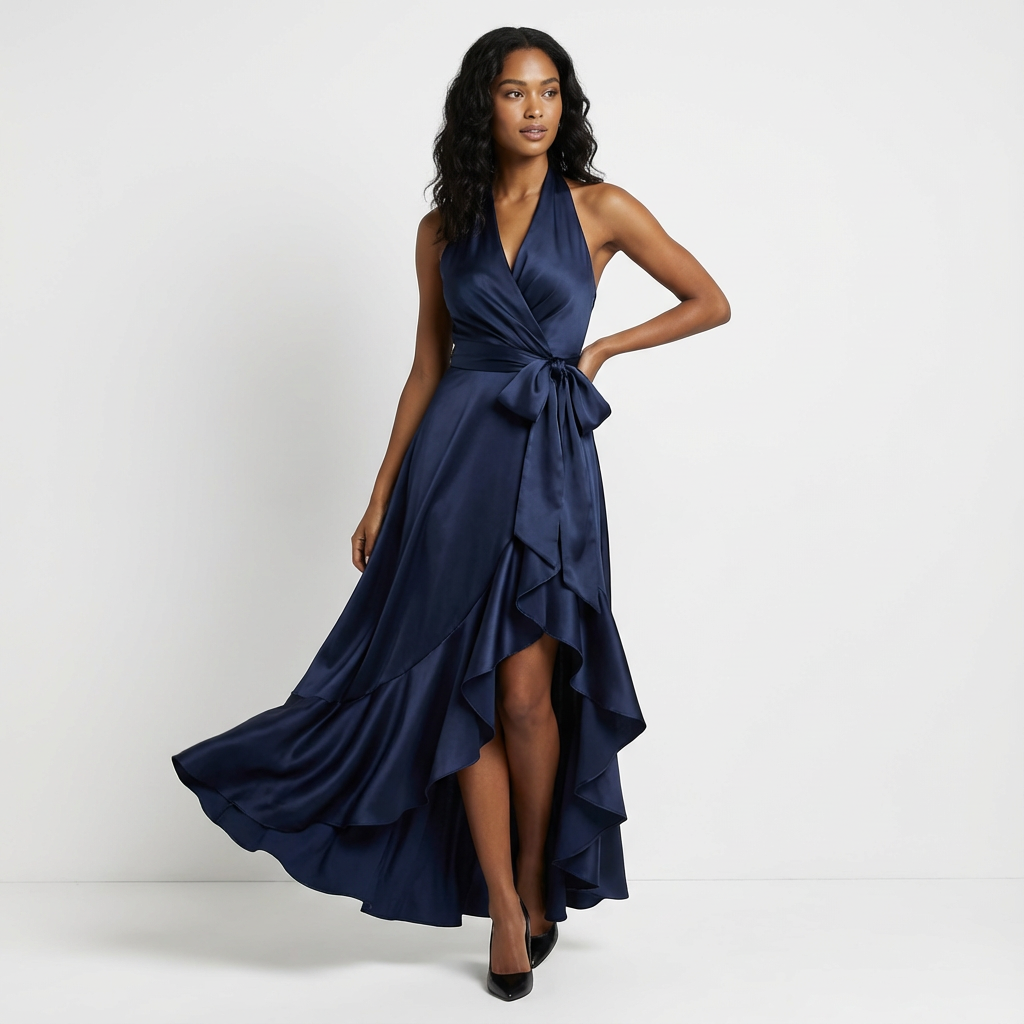 Graceful women's wedding guest maxi dress, featuring a sophisticated tie-waist and beautiful silhouette.