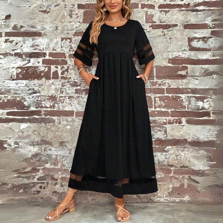 Flowy women's long maxi dress with chic mesh panels & flattering gathered waist for elegant style.