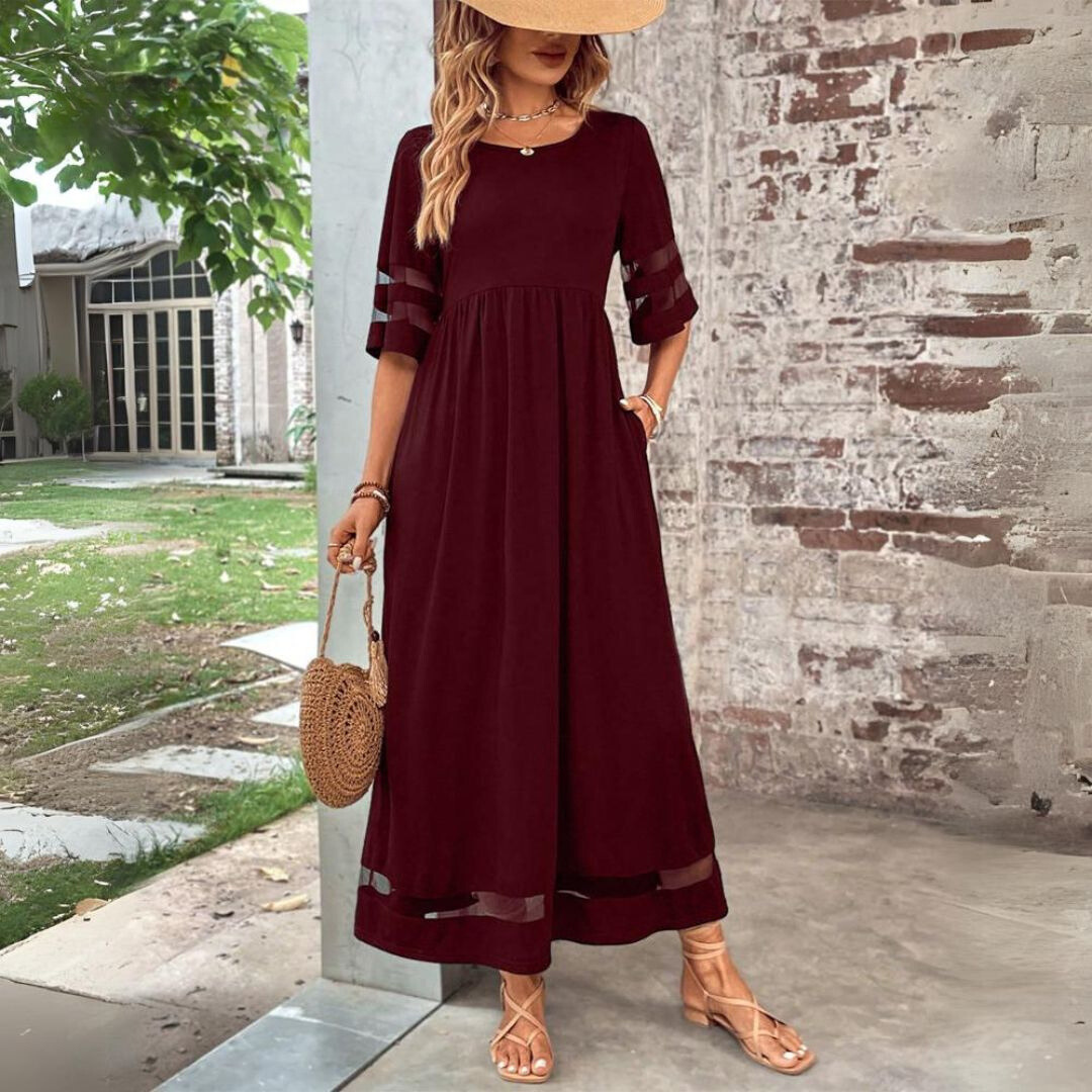 Women's elegant mesh panel gathered waist maxi dress. A versatile, flowy long dress for any occasion.