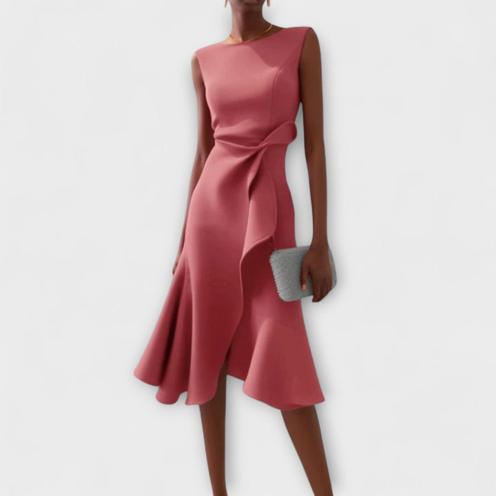 Chic women's midi dress with an asymmetric hem, perfect for any special occasion. Sleeveless.