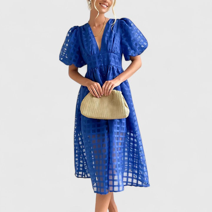 Flattering midi dress for women, offering elegant versatility. A perfect summer dress & occasion wear staple.