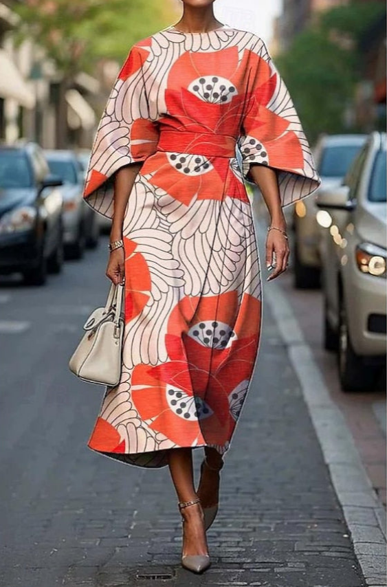 Chic women's kimono sleeve midi dress featuring a stylish belt, an elegant choice for parties & events.