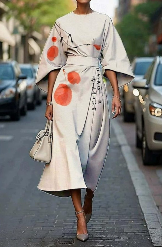 Sophisticated women's belted midi dress with graceful kimono sleeves, perfect for elegant day-to-night events.
