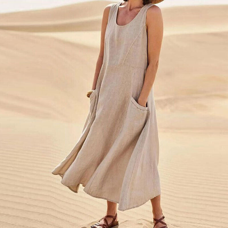 Close-up of functional pockets on a stylish women's midi dress, perfect for casual spring & summer fashion.