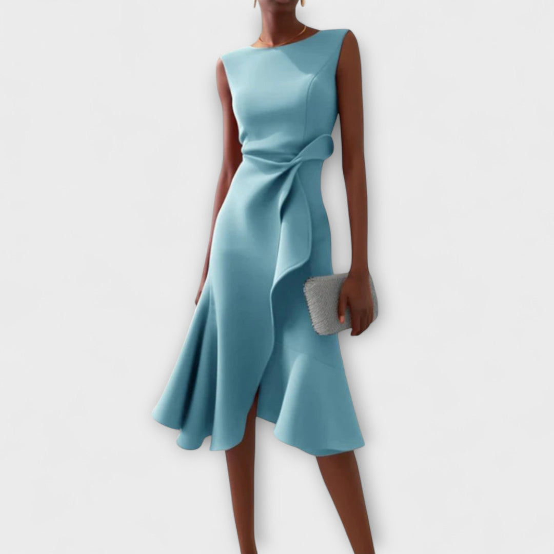 Elegant wedding guest dress: women's sleeveless midi with ruffle hem & wrap, perfect for celebrations.