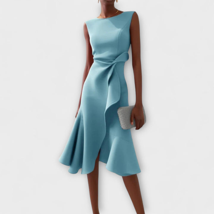 Elegant wedding guest dress: women's sleeveless midi with ruffle hem & wrap, perfect for celebrations.