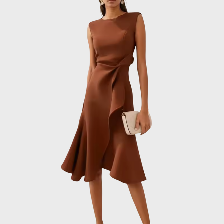 Front view of a chic women's ruffle hem wrap midi dress, ideal for elegant gatherings.