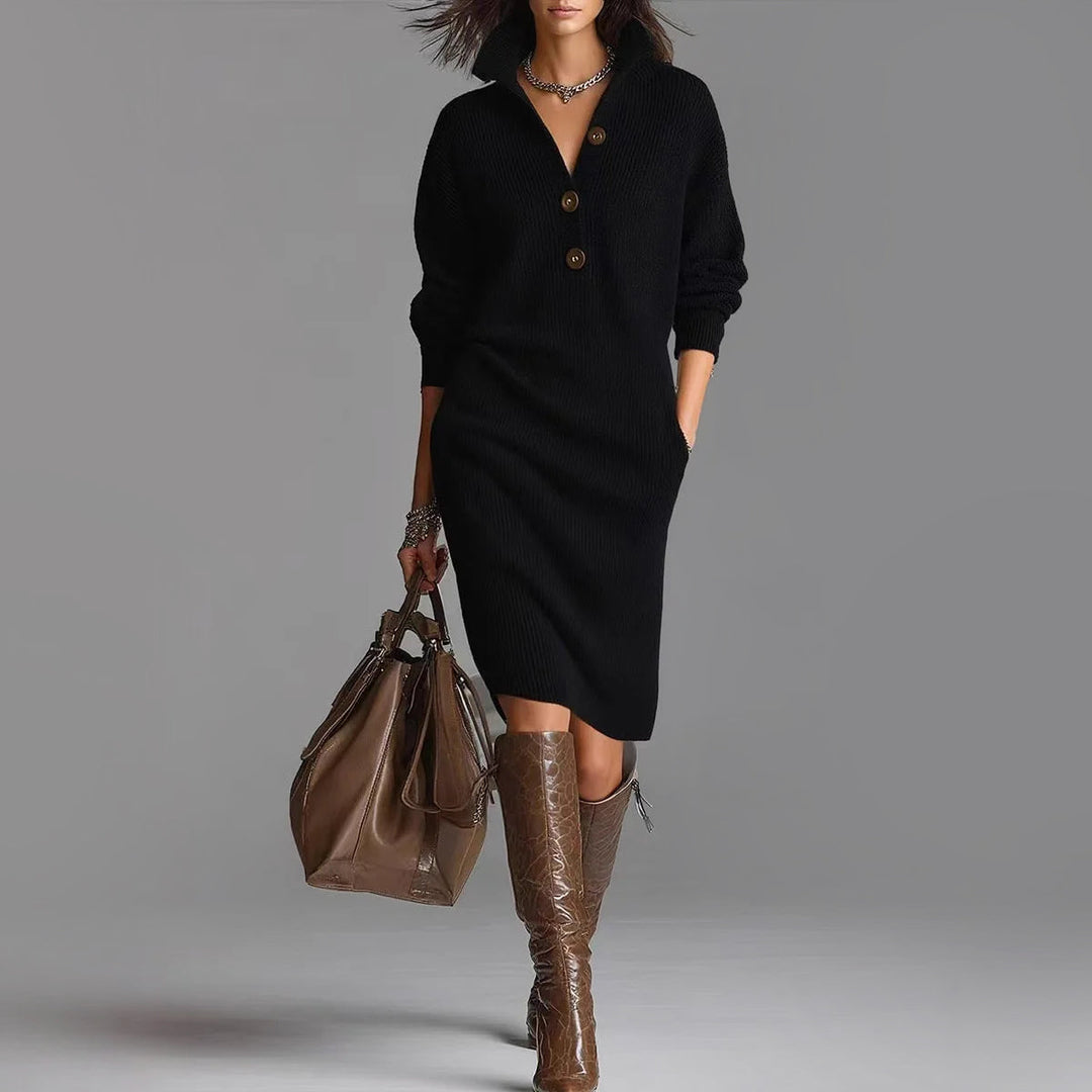 Modern women's slim-fit midi sweater dress featuring an elegant spread collar, suitable for chic office attire.