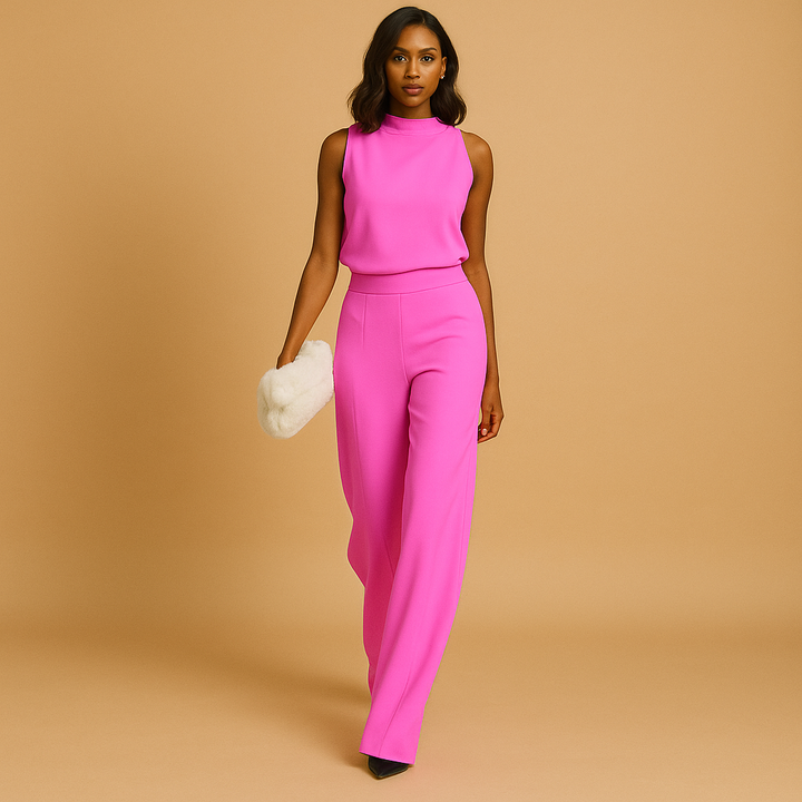 Formal women's wide leg jumpsuit, sleeveless design with a stylish mock neck, great for parties & occasionwear.