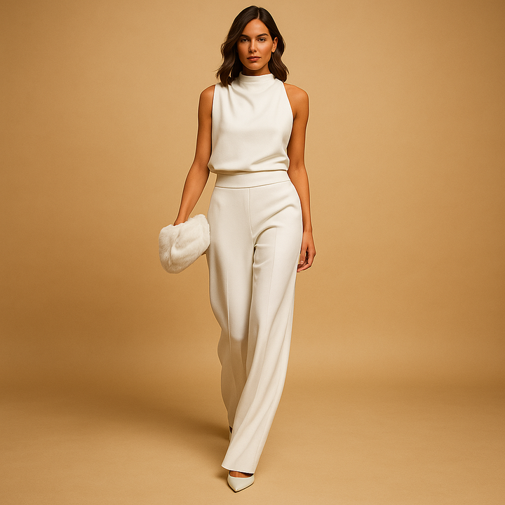 Black women's mock neck sleeveless wide leg jumpsuit. Perfect elegant evening wear for formal events & parties.