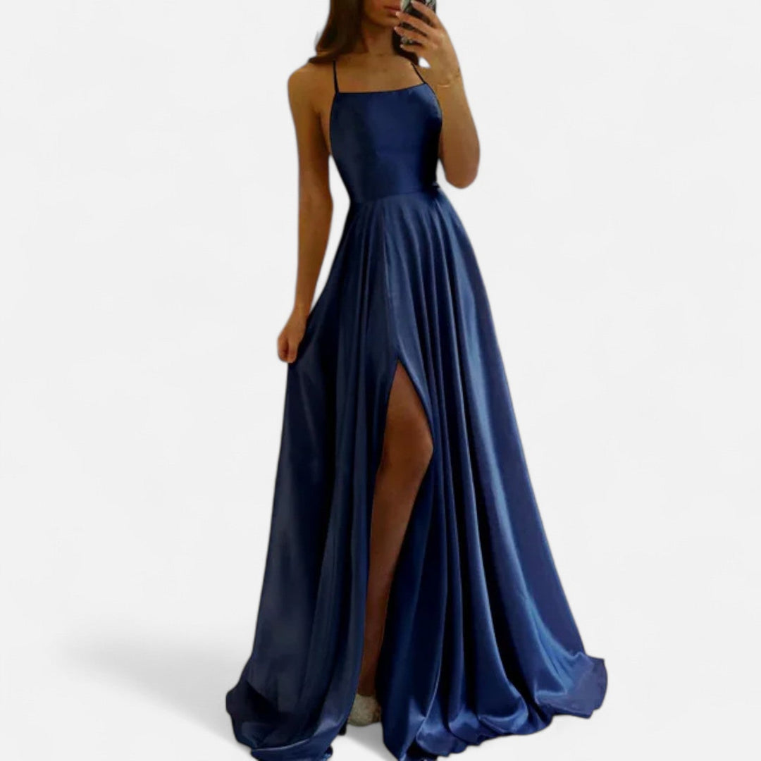 Sleek modern fit satin dress with a high slit, a perfect and elegant choice for women's evening attire.