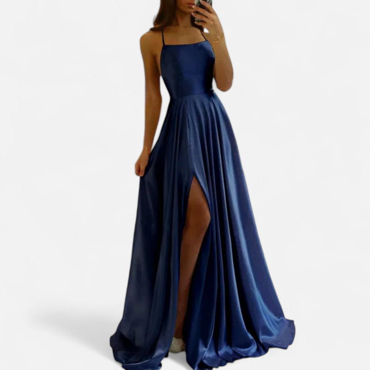 Sleek modern fit satin dress with a high slit, a perfect and elegant choice for women's evening attire.