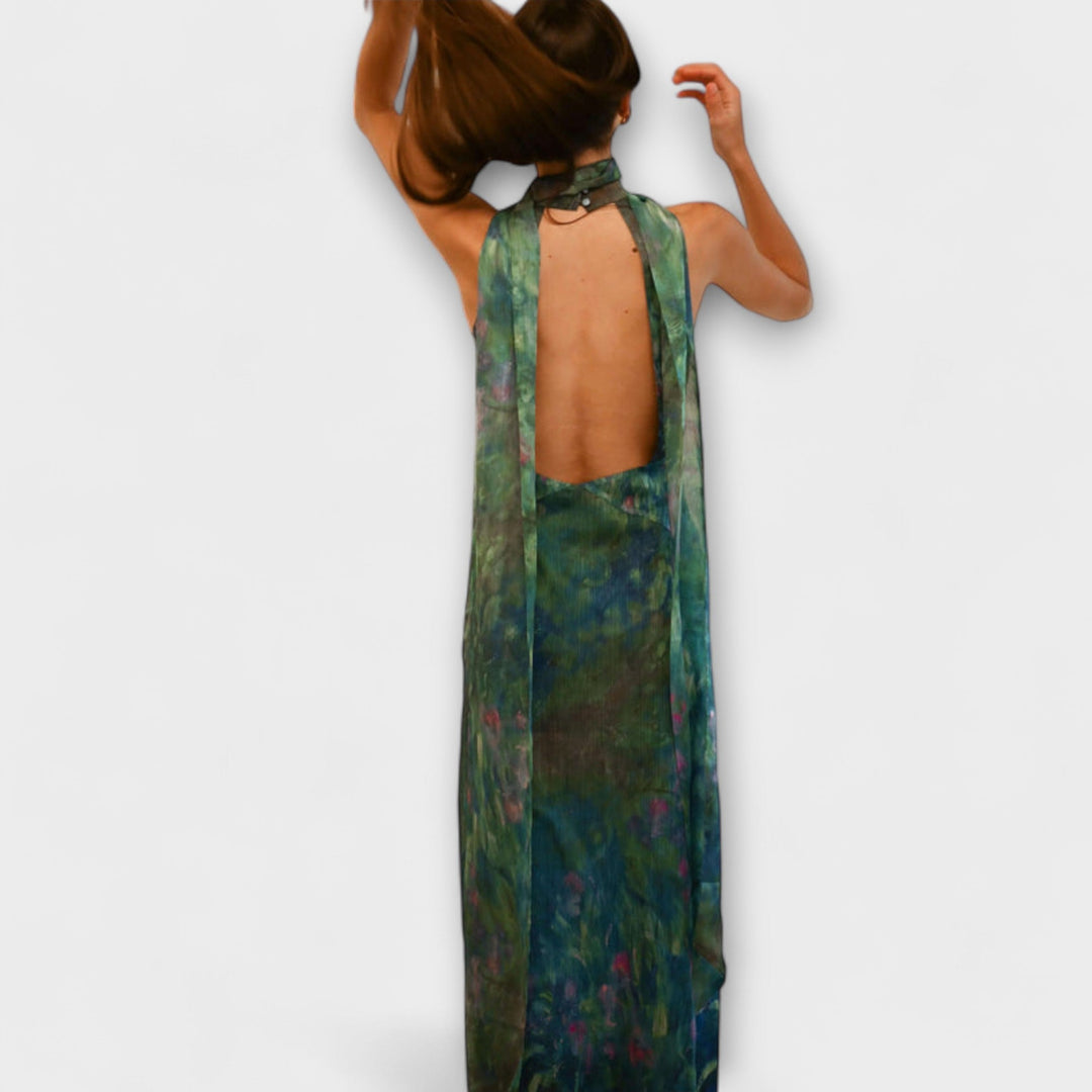 Sophisticated women's flowing iris floral print maxi dress, art-inspired, ideal for elegant summer parties.
