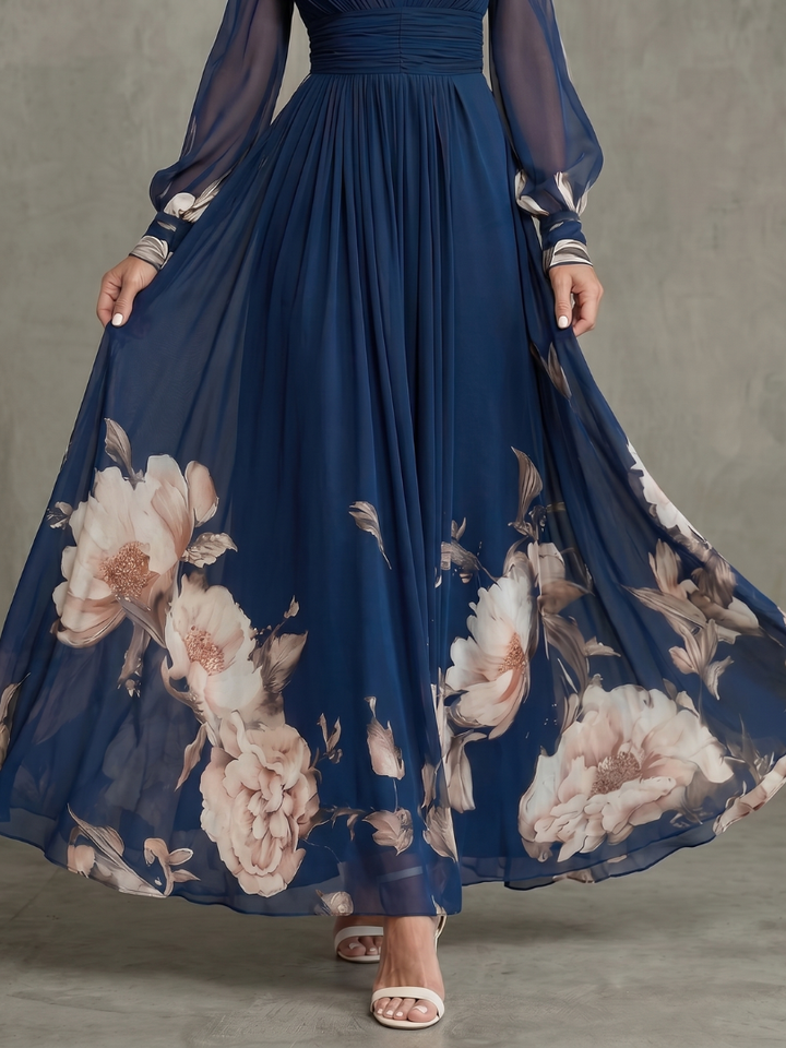 Formal women's navy V-neck pleated maxi dress with delicate sheer sleeves, great for special occasions.