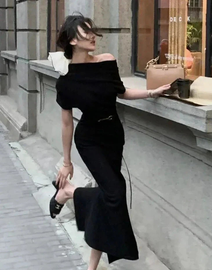 Flattering off-shoulder bodycon maxi dress for women, showcasing an elegant silhouette.