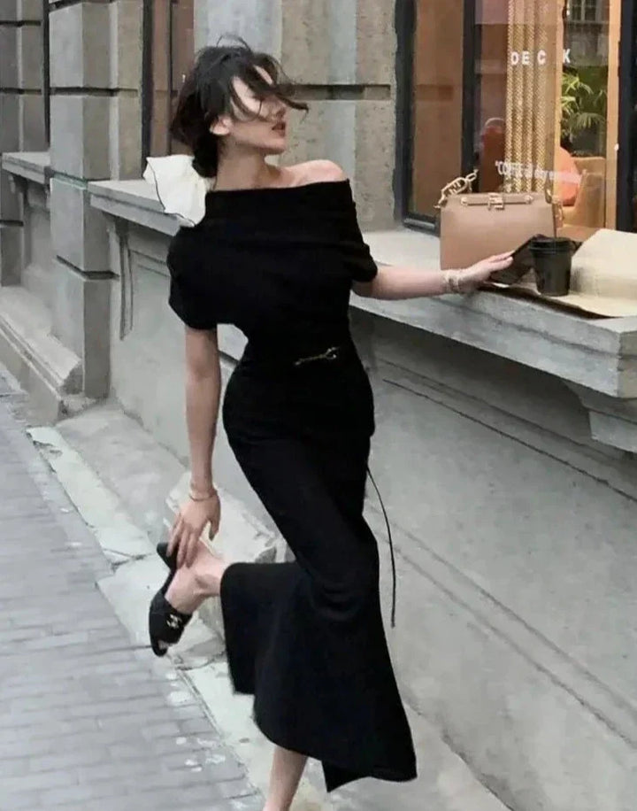 Flattering off-shoulder bodycon maxi dress for women, showcasing an elegant silhouette.