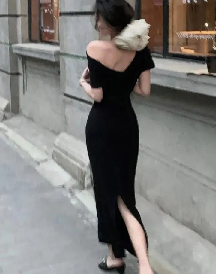 Beautiful women's elegant off-shoulder bodycon maxi dress, perfect for summer nights.