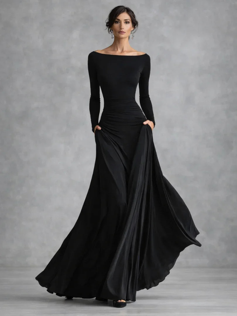Elegant women's off-shoulder long sleeve black maxi evening dress, perfect formal gown for special events.