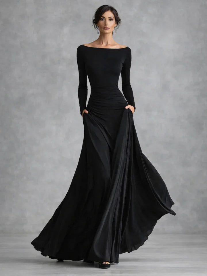 Elegant women's off-shoulder long sleeve black maxi evening dress, perfect formal gown for special events.