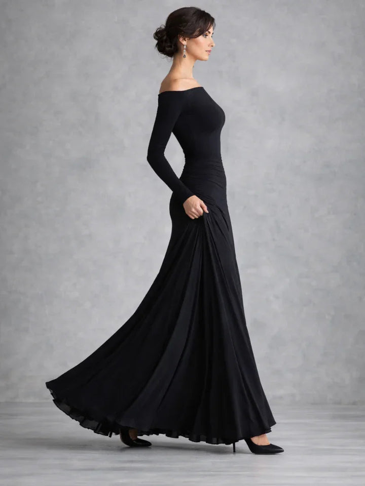 Chic women's off-shoulder long sleeve black maxi dress, a stunning formal gown for elegant parties.