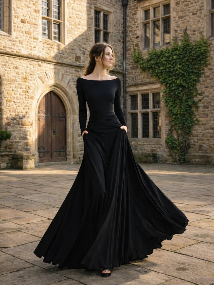 Graceful women's off-shoulder long sleeve maxi evening dress, a flattering silhouette for formal wear.