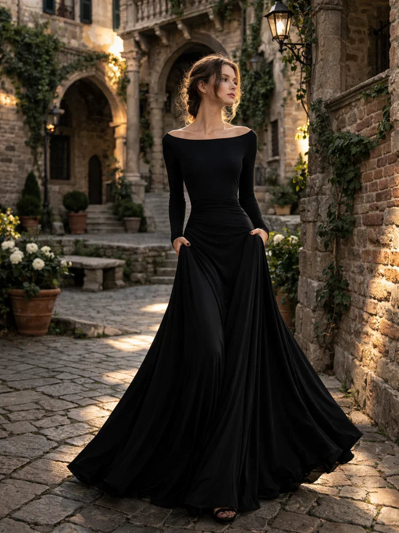 Glamorous women's off-shoulder long sleeve black maxi evening dress, perfect for upscale events.