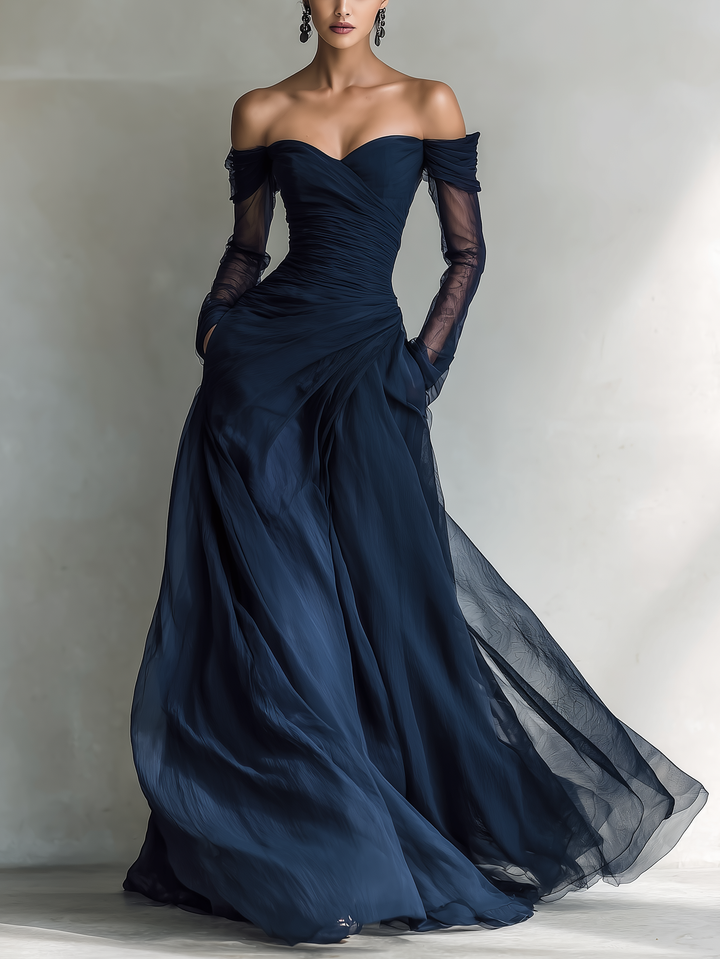 Elegant women's off-shoulder maxi dress, perfect for evening events and formal occasions.