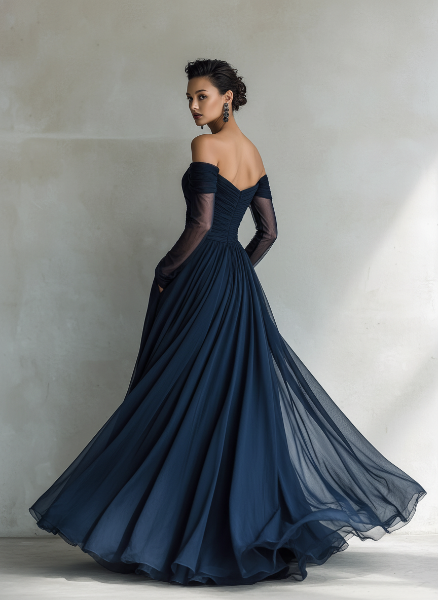 Sophisticated women's off-shoulder evening maxi dress, perfect for formal events, parties, or as a wedding guest.