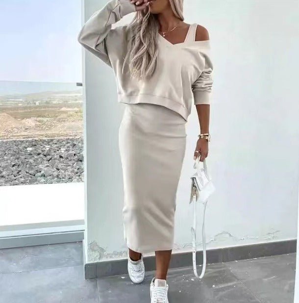 Casual yet chic women's off-shoulder top and flowy midi skirt, ideal for summer outfits.