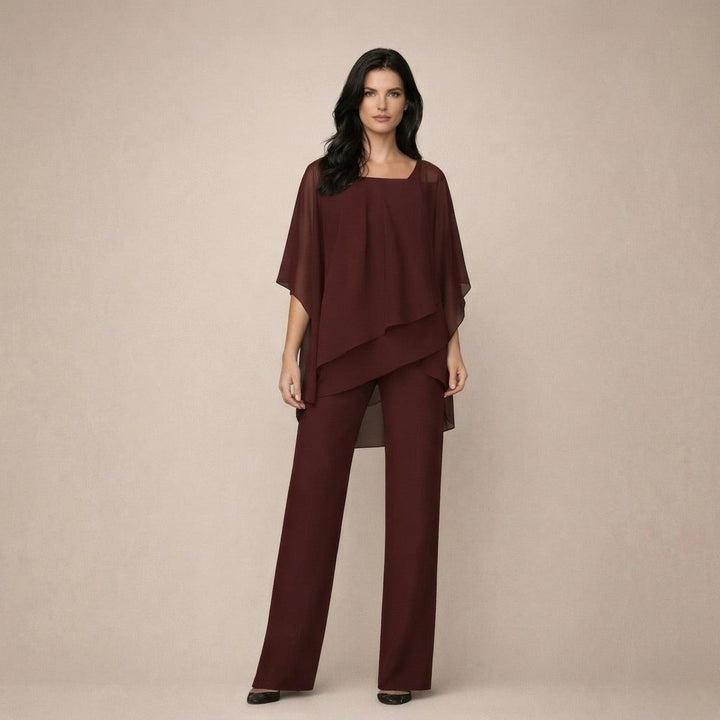 Relaxed fit wide leg pants from a women's off shoulder matching set. Comfortable & stylish two-piece summer outfit.