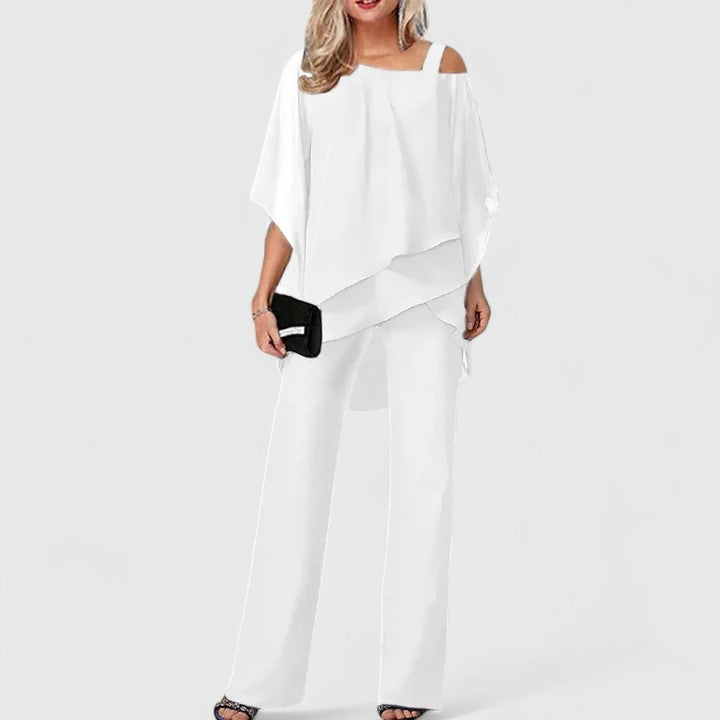 Stylish women's off-shoulder two-piece outfit featuring a chic top and comfortable wide-leg formal pants.